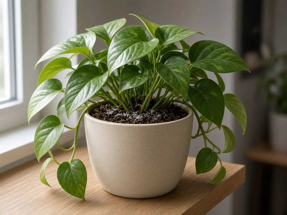 Thin trace of diatomaceous earth dusted on dry potting soil around a houseplant stem base, not on foliage