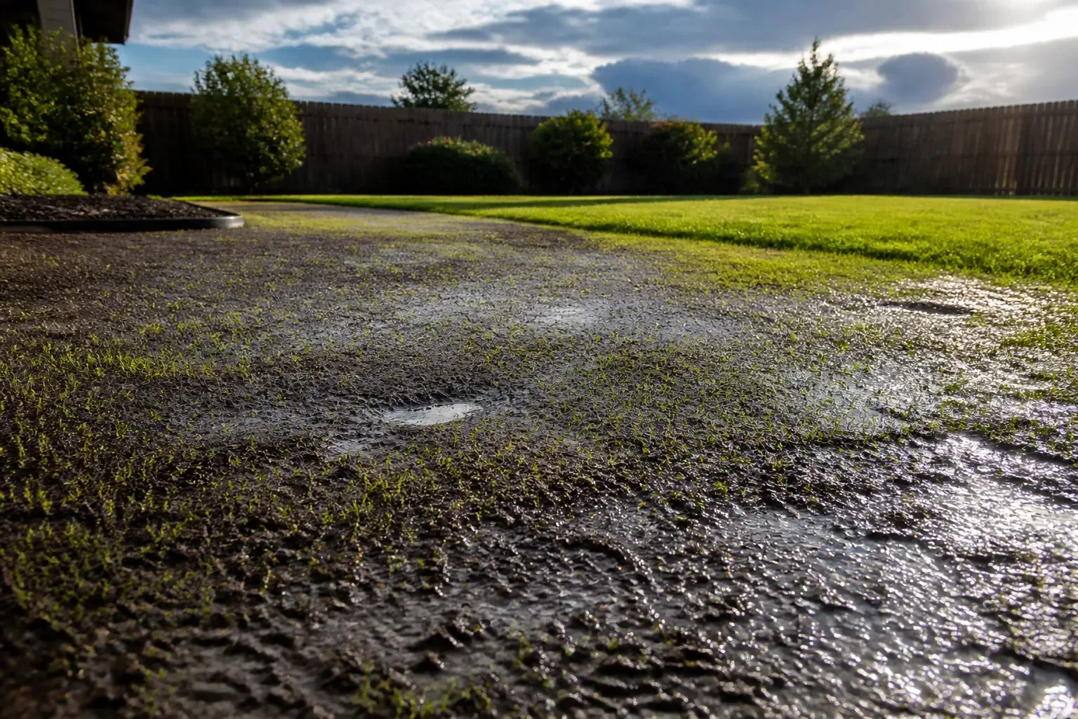 Newly seeded backyard lawn with fine green grass seedlings emerging from prepared soil after rain
