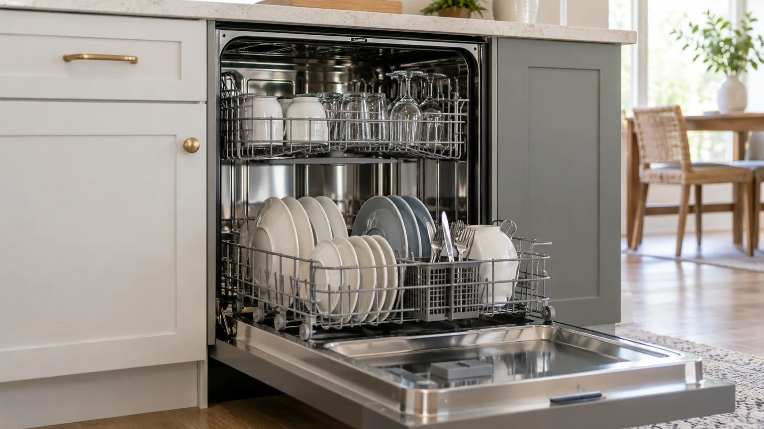 A residential dishwasher loaded with dishes before a sanitizing cycle
