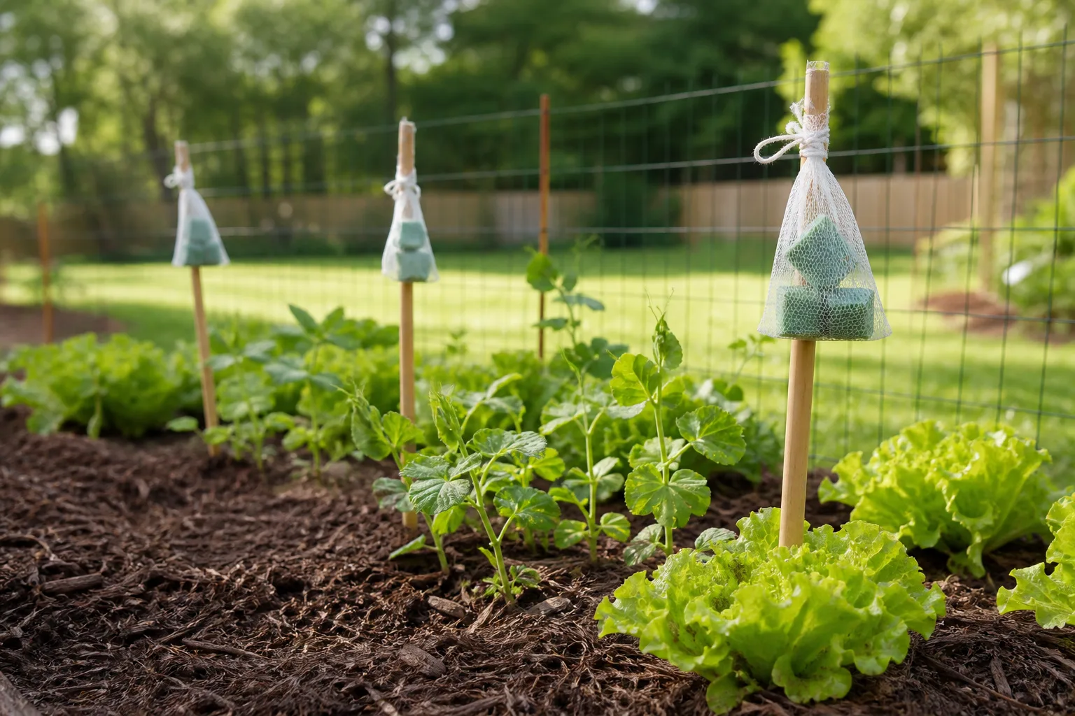 Mesh bags with green soap slices tied to bamboo stakes along a vegetable garden bed edge as a rabbit deterrent