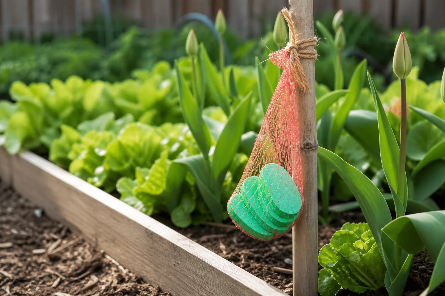 Green soap slices in a mesh bag tied to a bamboo stake at the edge of a raised garden bed with lettuce shoots