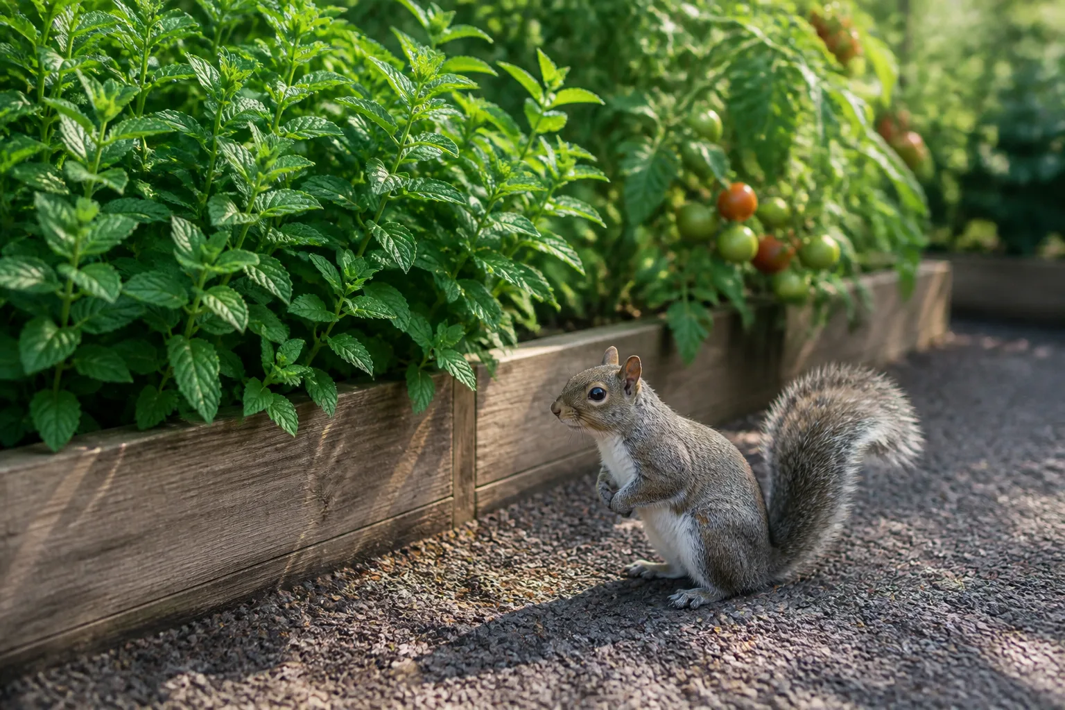 Mint plants in a backyard garden with a squirrel nearby