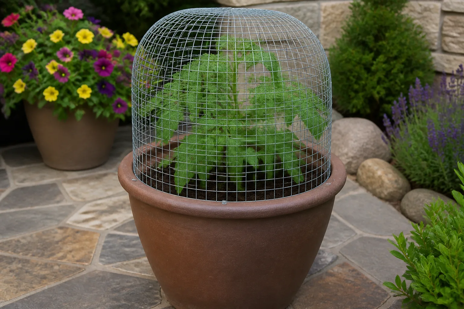 Rigid wire mesh used as a secured outdoor barrier around a potted plant, illustrating the no-gap principle