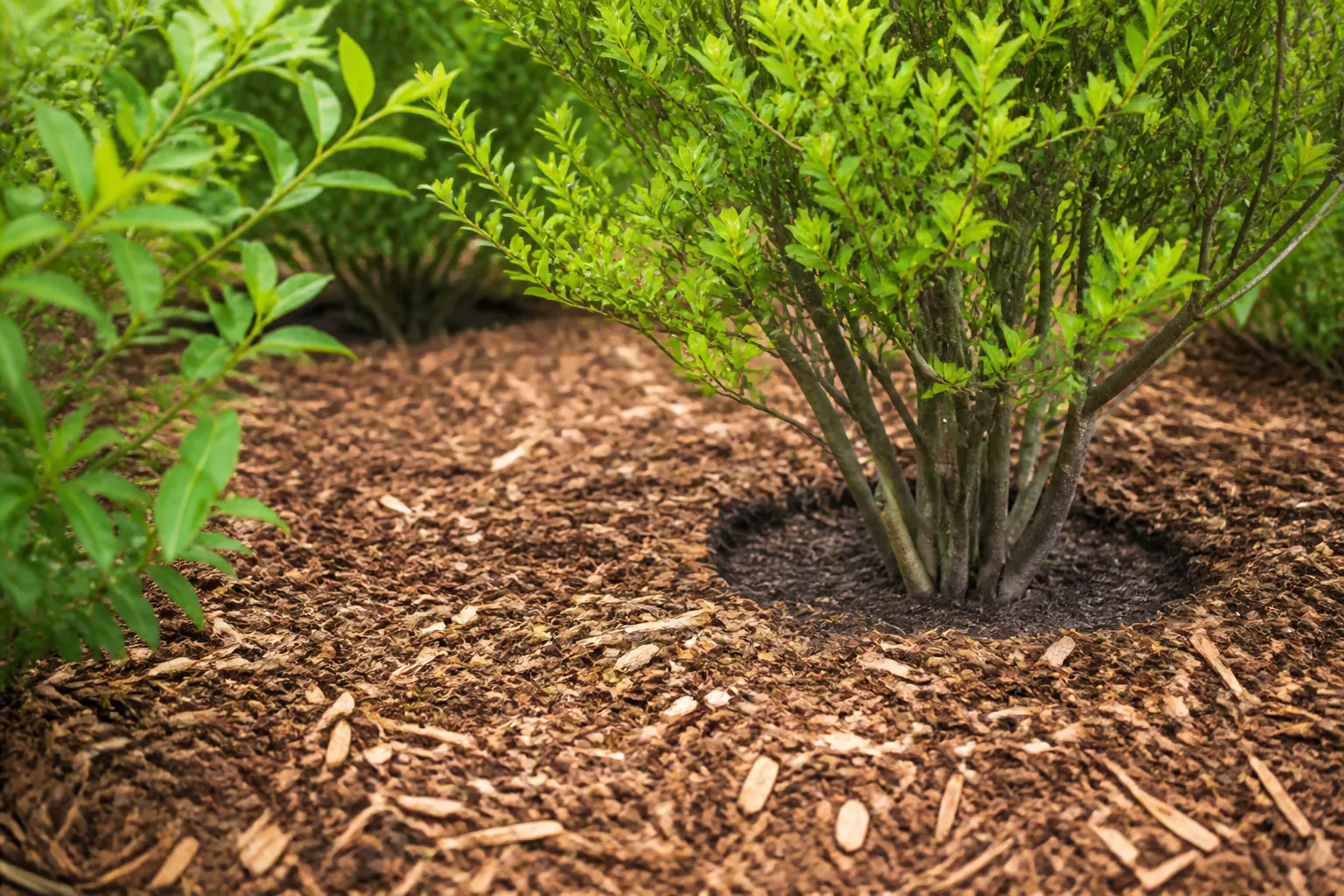 Shrub border with evenly spread wood chip mulch and a clear mulch-free gap around the trunk
