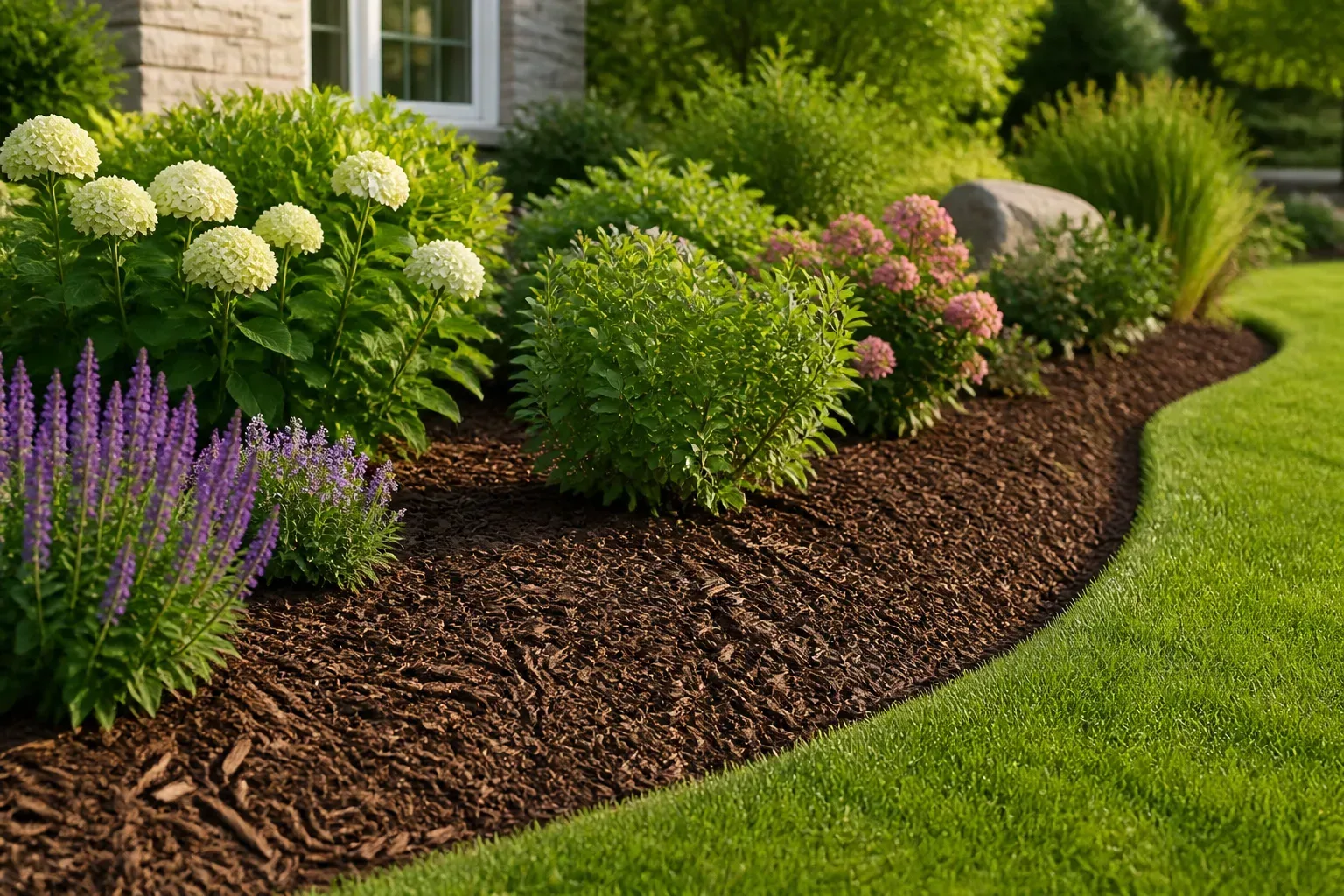 Perennial garden bed covered with natural wood chip mulch around flowering shrubs with no bare soil visible