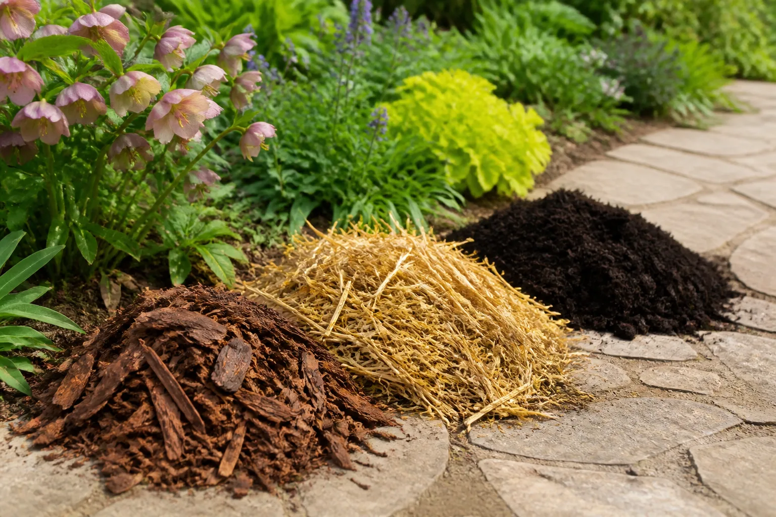 Comparison of natural shredded bark mulch types beside a foundation planting bed