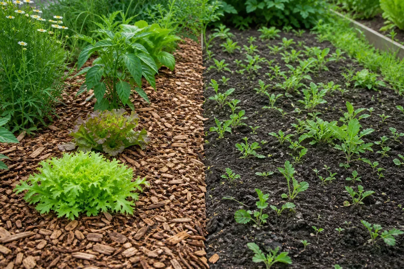 Garden bed comparison showing thick wood chip mulch with clean plants on one side and bare soil with weed seedlings on the other