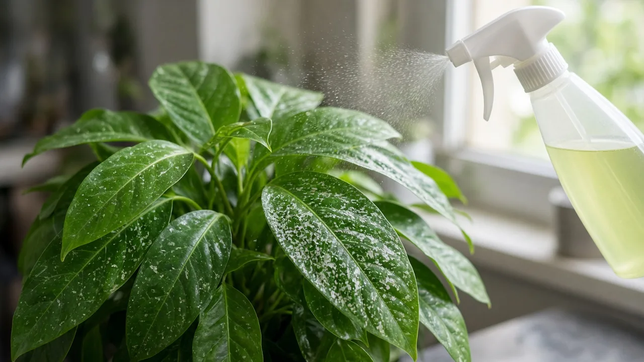 Neem oil spray beside healthy indoor plants prepared for pest treatment