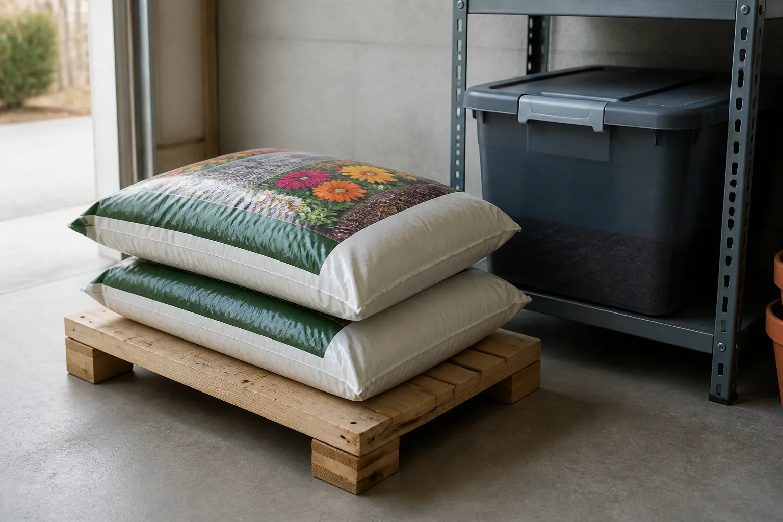 Potting soil bags elevated on a wooden pallet off a garage concrete floor beside a lidded storage tote