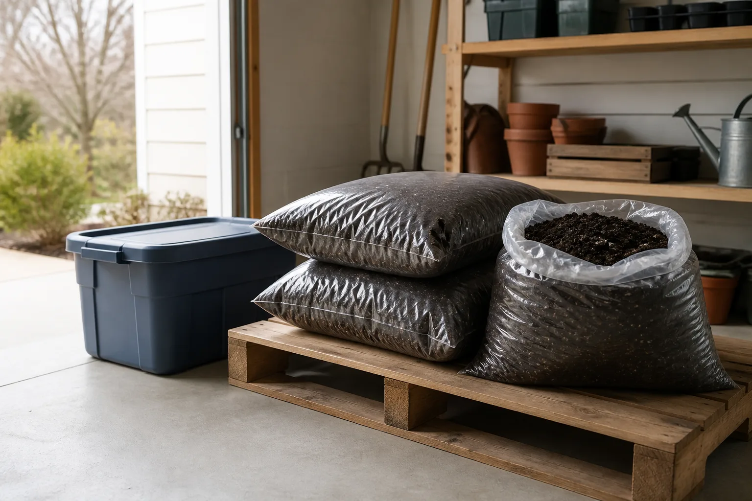Sealed and opened bags of potting soil elevated on a wooden pallet in a tidy garage ready for spring use