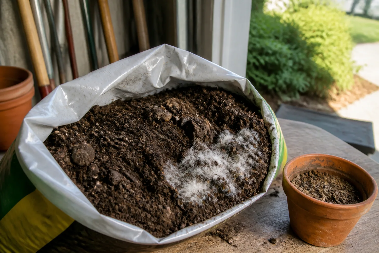 Opened bag of potting mix on a garage bench showing crumbly healthy soil beside a small area of white surface mold for comparison