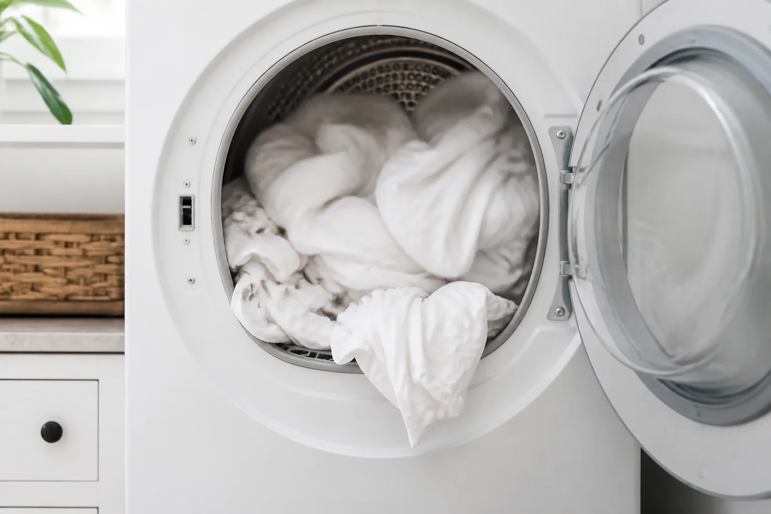 White bedding tumbling in a front-loading clothes dryer on high heat for bed bug laundry treatment