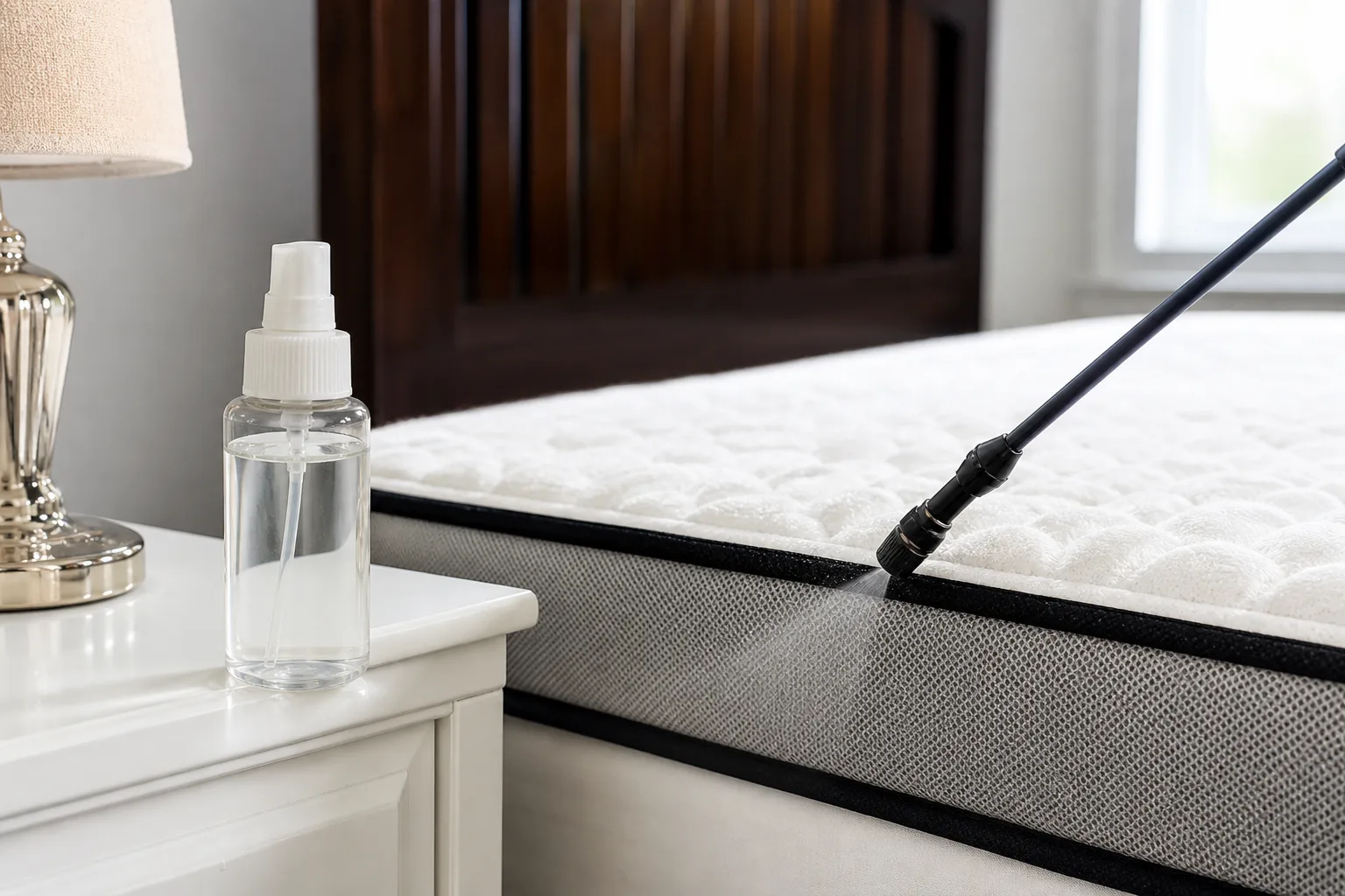 Clear spray bottle with rubbing alcohol beside a mattress seam on a white nightstand during spot bed bug treatment