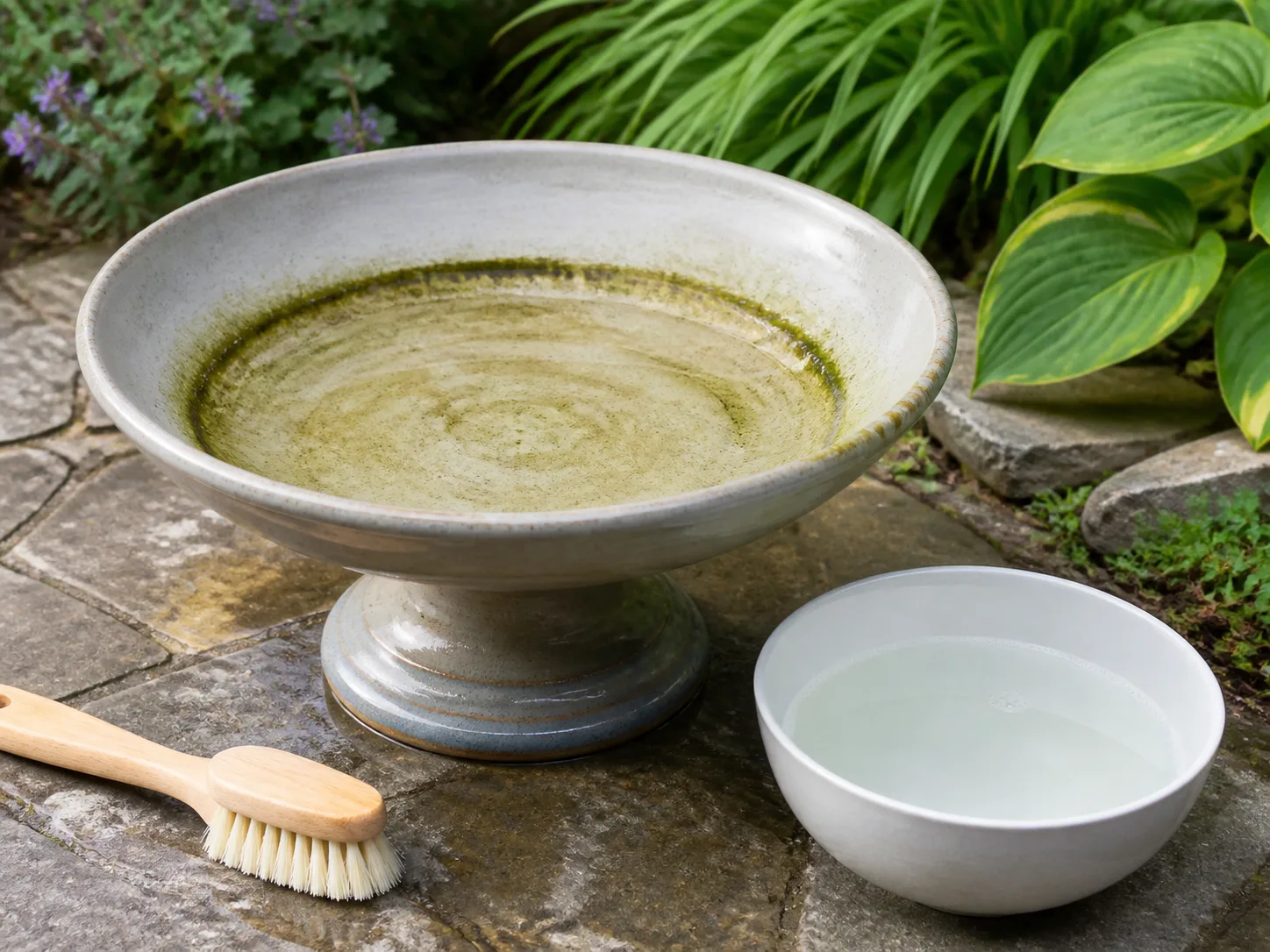 An empty bird bath with green algae film, a scrub brush, and diluted vinegar solution