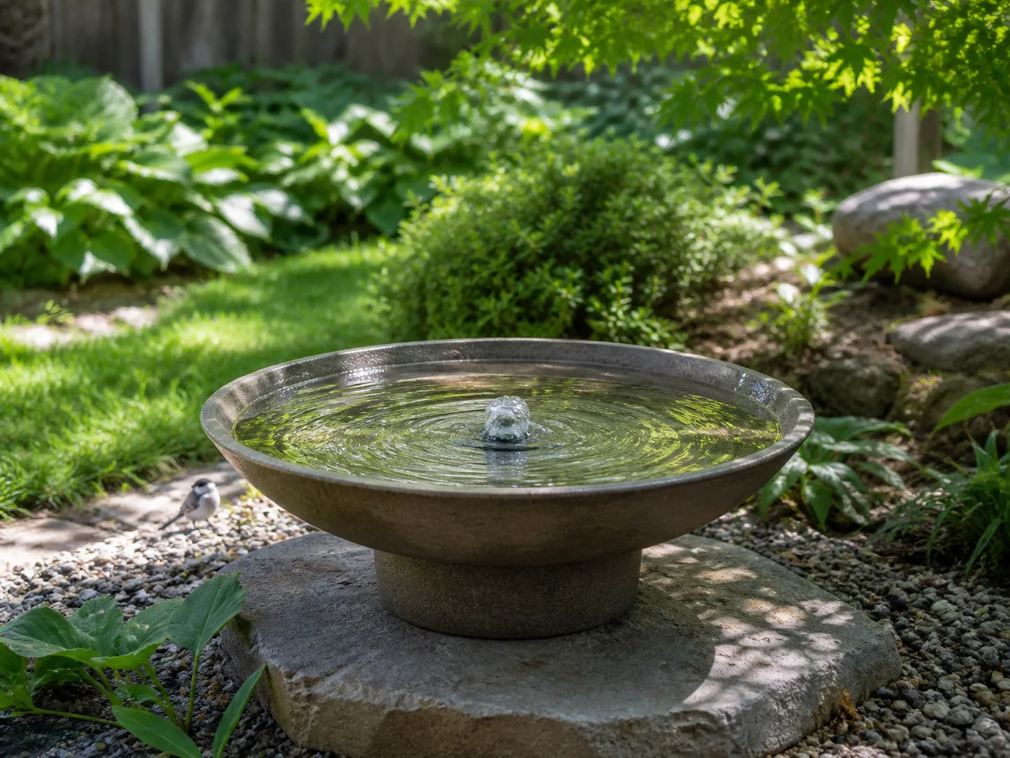 A shallow bird bath with a gentle bubbler in a dappled garden setting