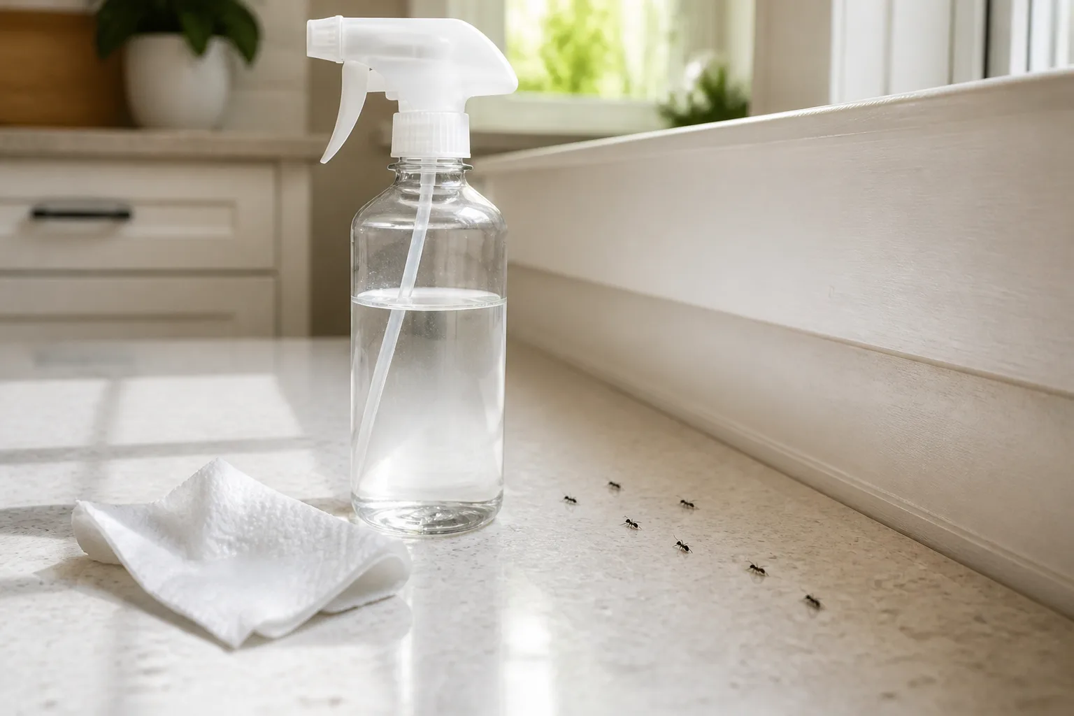 White vinegar spray bottle beside a kitchen counter where ants have been wiped away