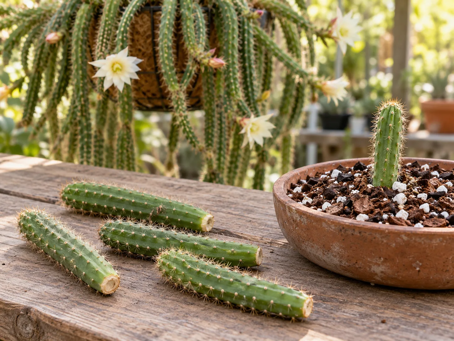 Callused dog tail cactus stem cuttings beside a shallow pot of airy propagation mix.