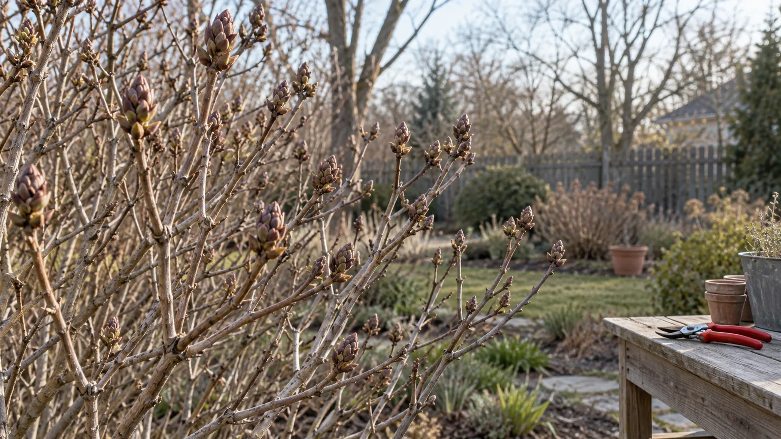 Dormant flowering shrub branches with visible buds and pruners set aside for winter