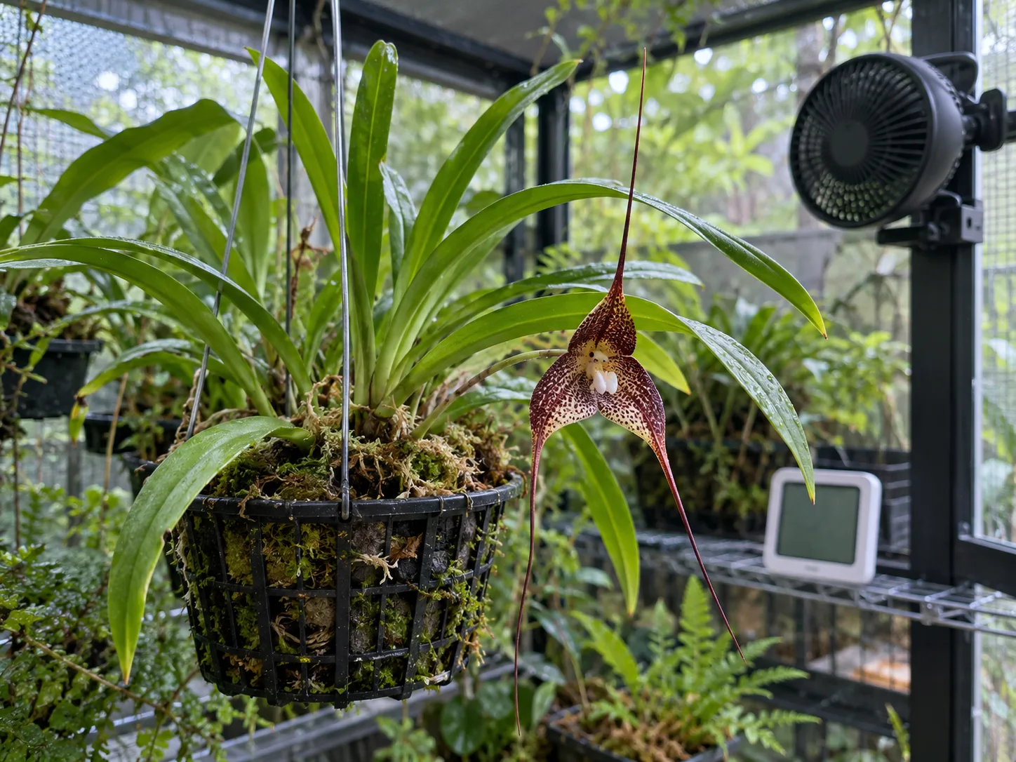 A Dracula orchid in a shaded, ventilated growing cabinet with a gentle fan and humidity monitor