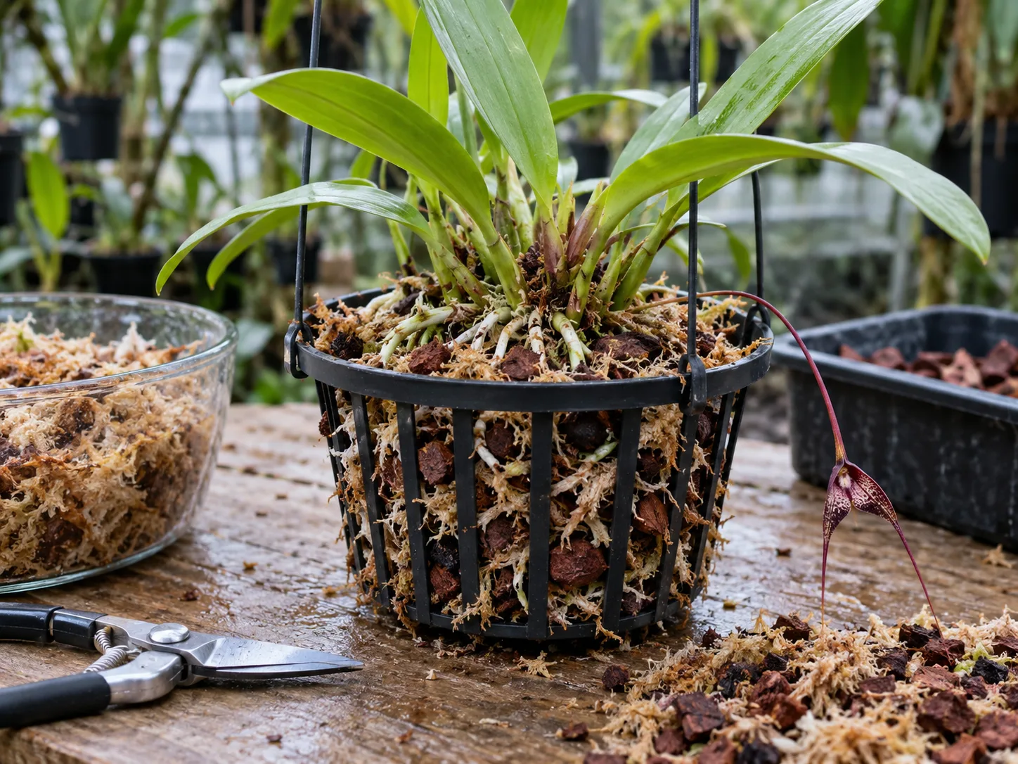 A Dracula orchid growing in an open mesh basket with airy sphagnum and bark mix during repotting
