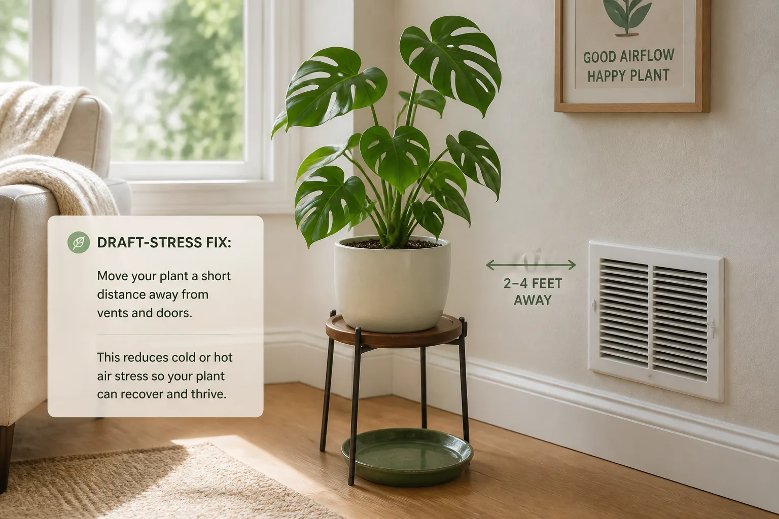 Houseplant moved just outside a focused HVAC vent stream during a draft-stress fix