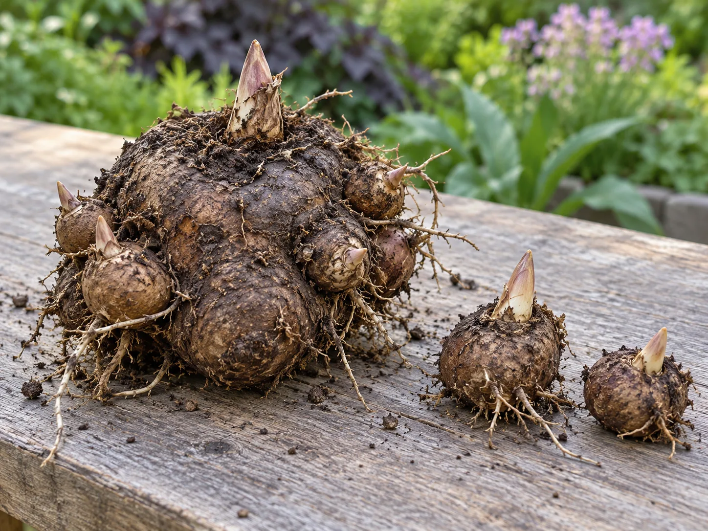 A dragon lily tuber with naturally formed offsets separated for propagation
