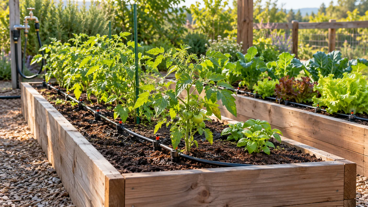 Black drip lines watering tomatoes and vegetables in raised garden beds