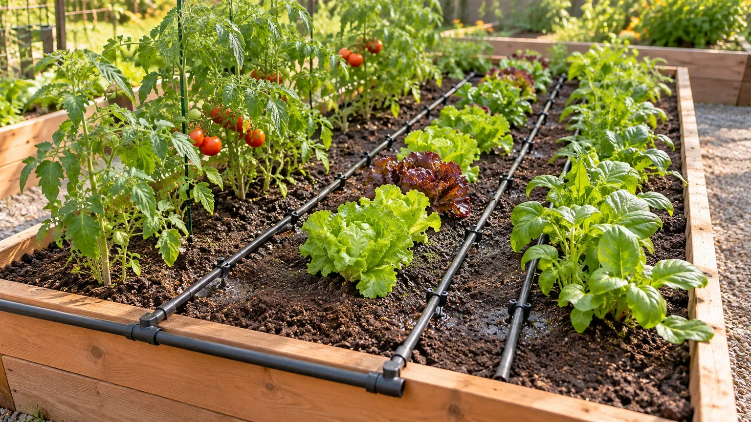 Parallel drip lines place emitters across vegetable-bed root zones.