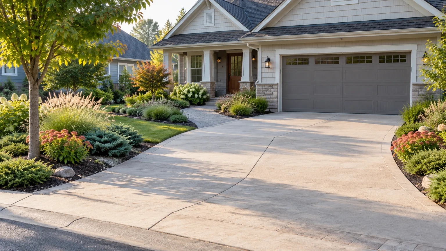 Landscaped driveway edged with low shrubs and ornamental grasses leading to a garage