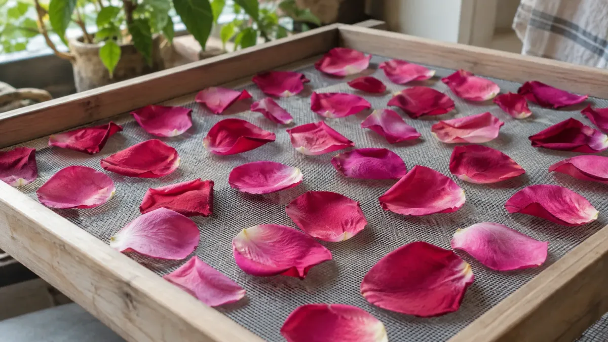 Fresh rose petals arranged in a single layer on a mesh drying screen