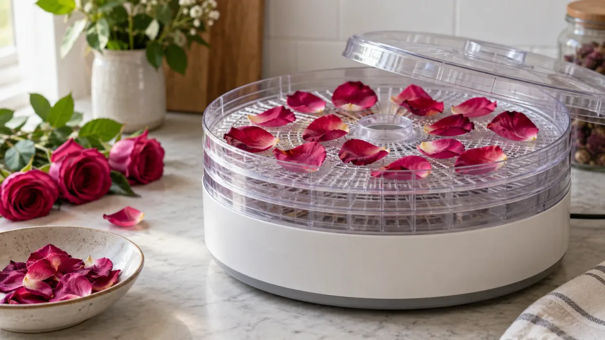 Rose petals spread on a tray inside a countertop food dehydrator
