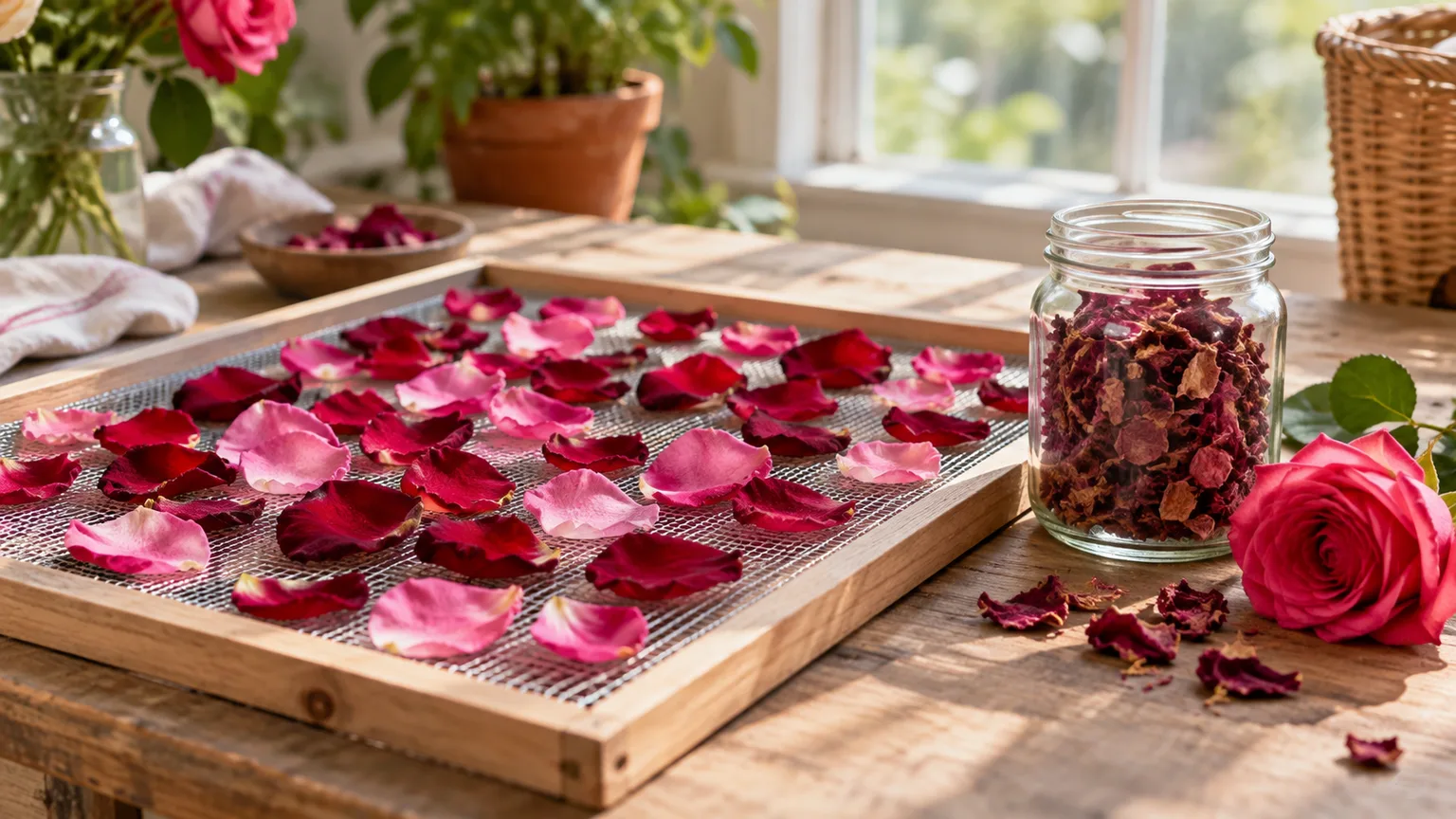 Fresh and dried rose petals beside a mesh drying screen