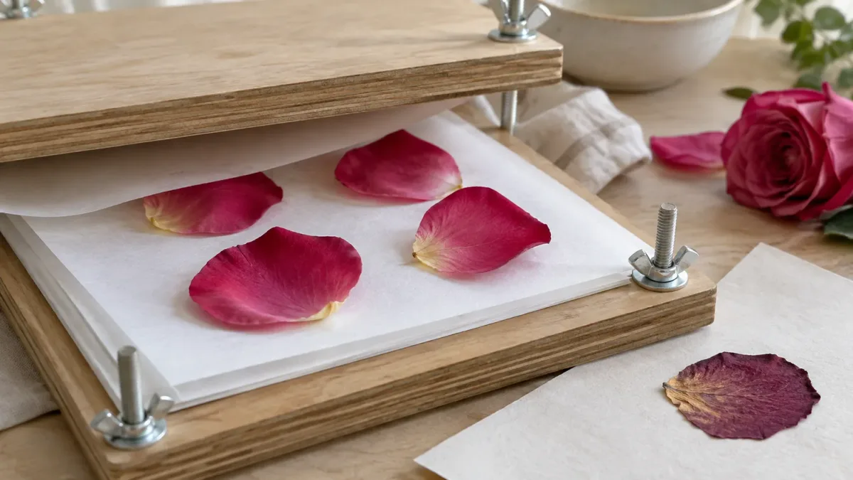 Rose petals between absorbent sheets in a flower press