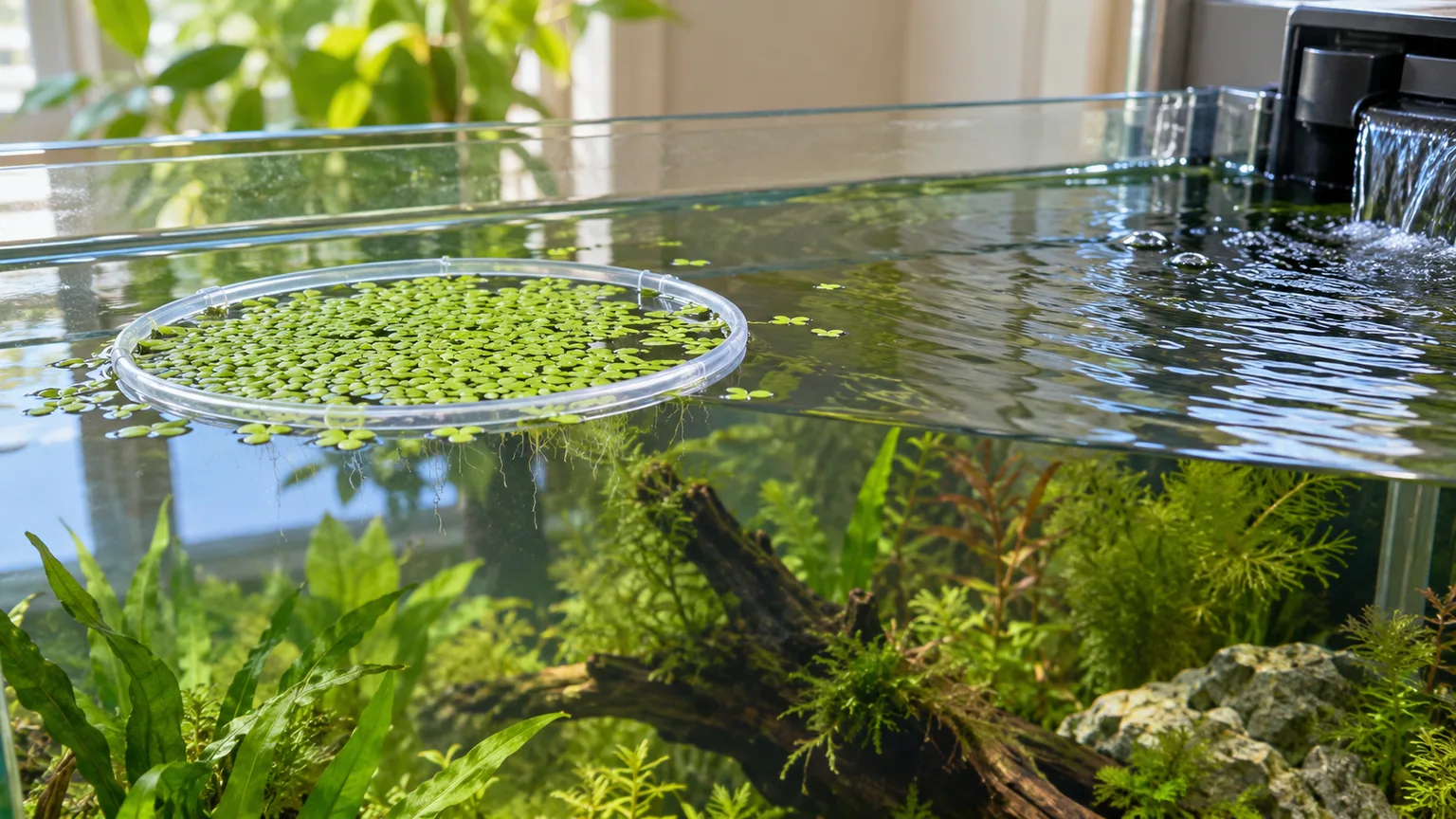 A contained patch of duckweed in a floating ring, with open aquarium surface and plants below