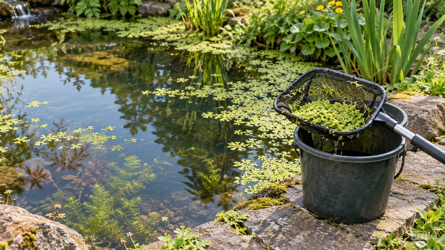 A pond net lifting a small amount of duckweed into a bucket while most of the pond remains open