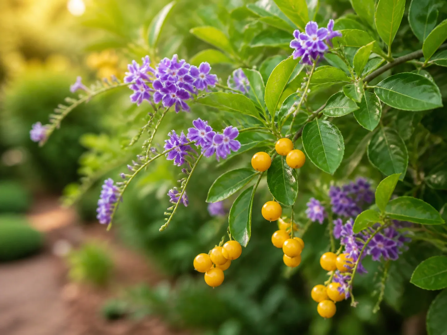 Duranta flowers and golden berries on a leafy branch