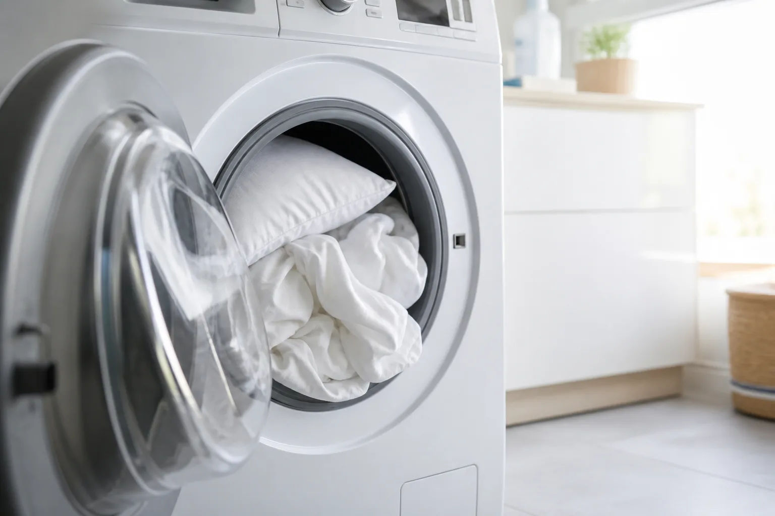 White sheets and pillowcases in a front-loading washing machine for hot-water laundry