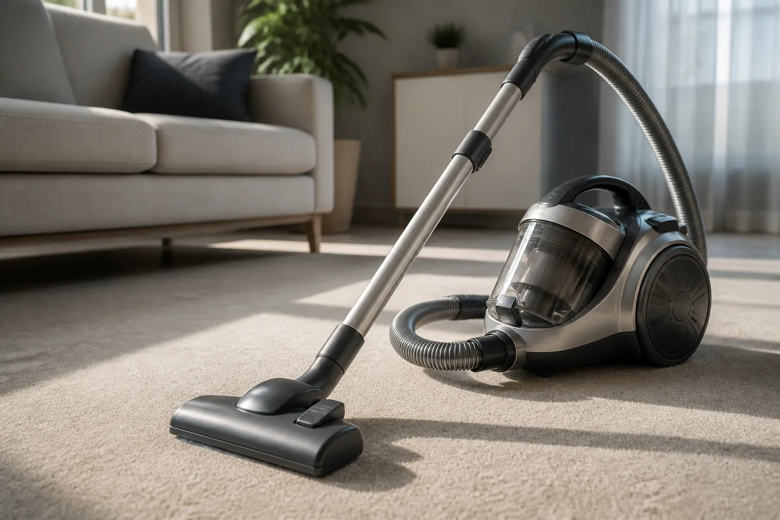 Canister vacuum cleaner on low-pile carpet in a tidy living room