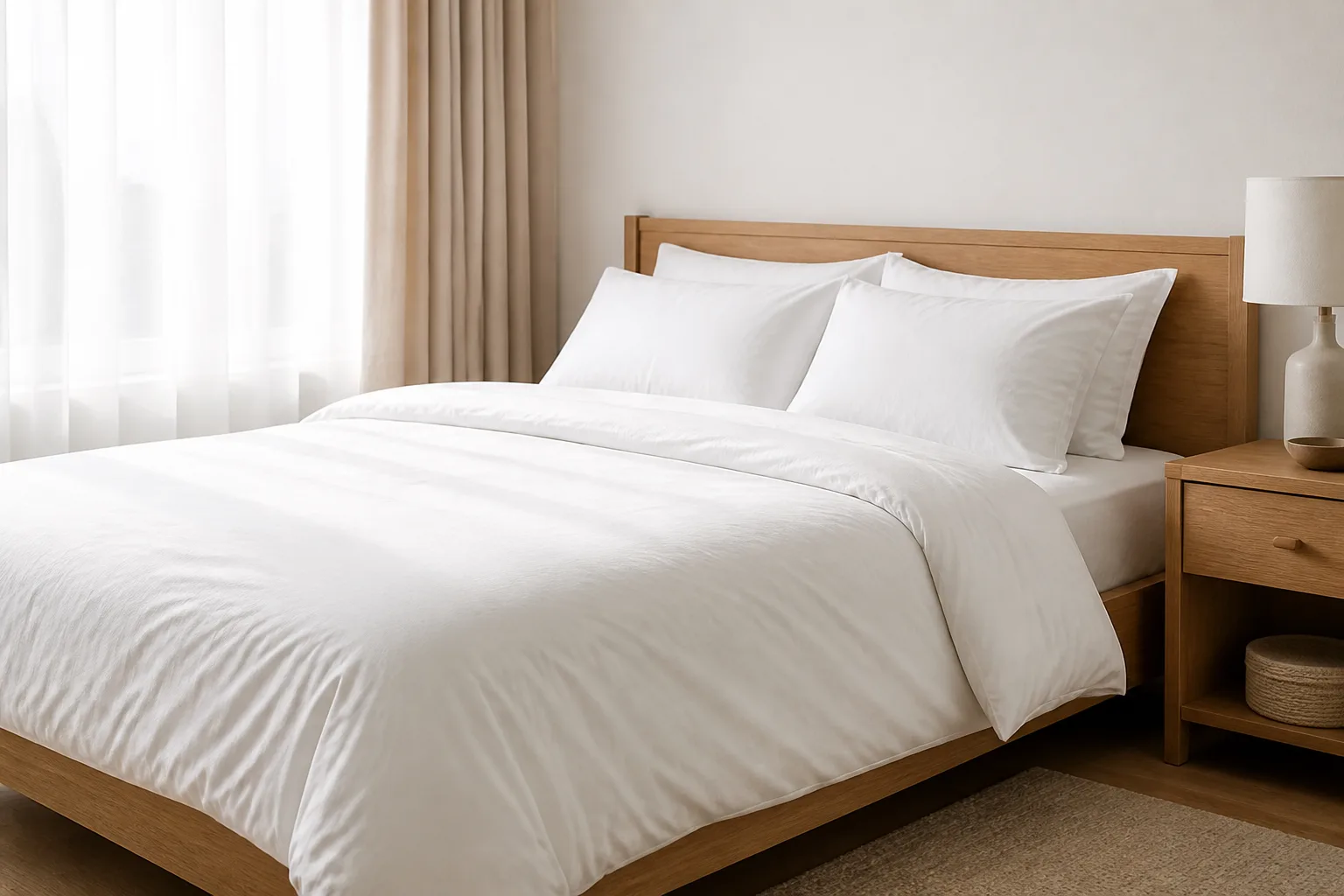 Clean bedroom with freshly made white bedding and soft morning light