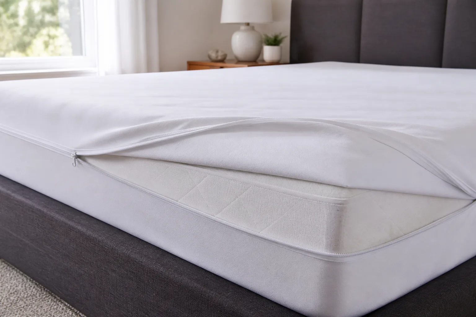 Zippered white allergen-proof mattress encasement on a bed
