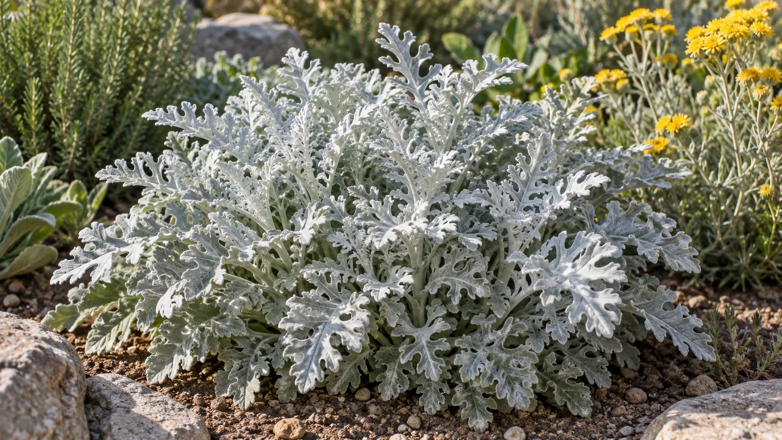 Silvery dusty miller growing as a rounded mound in a sunny garden bed