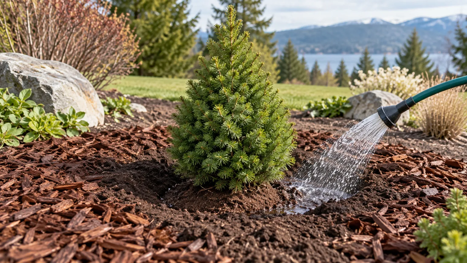 Newly planted dwarf Alberta spruce in an open, well-spaced garden bed