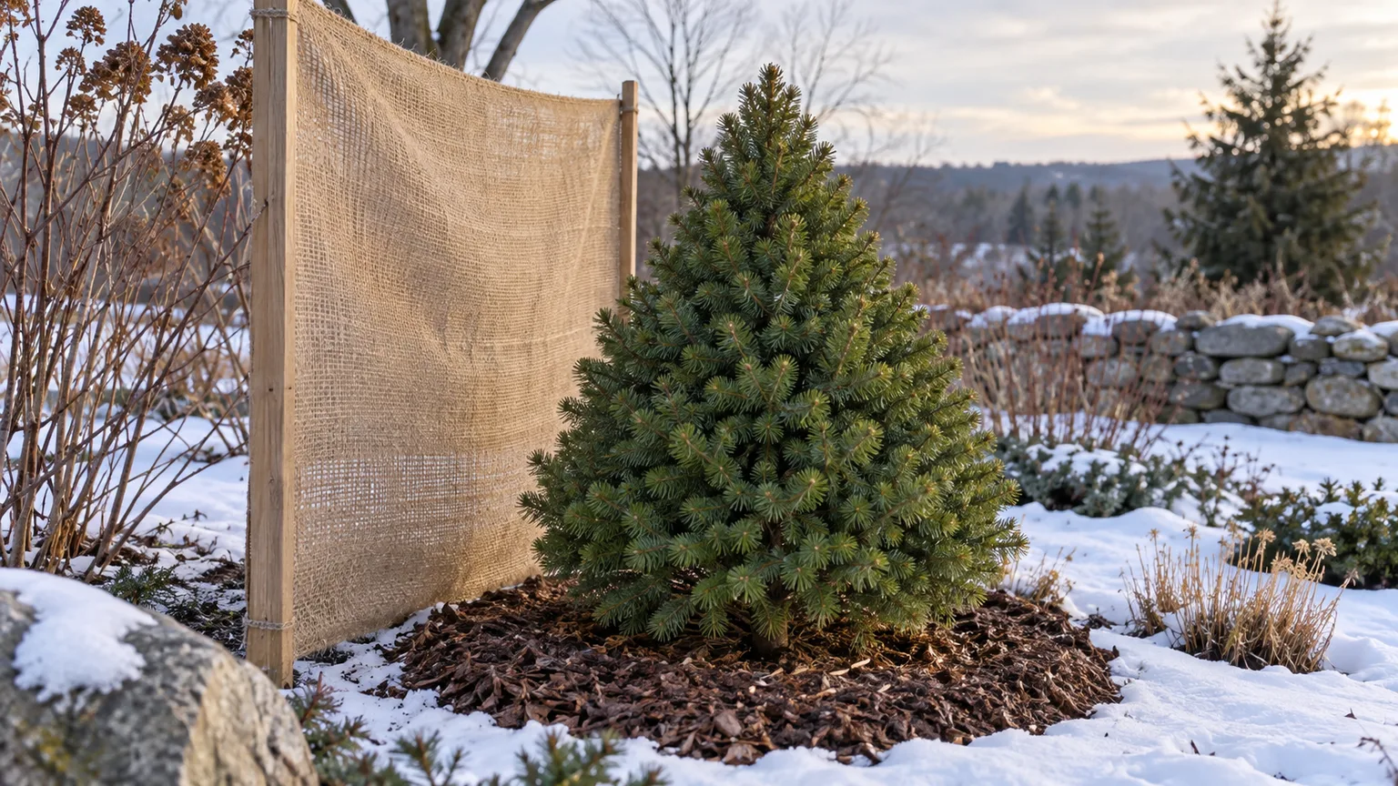 Dwarf Alberta spruce in a sheltered winter garden with mulch over the root zone and open air around the branches