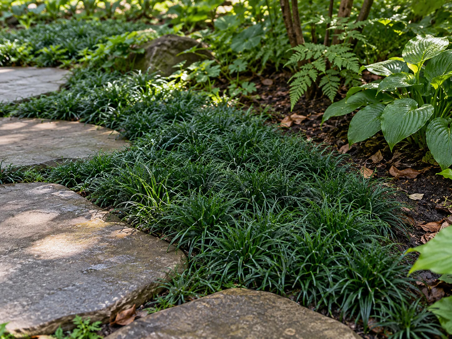 Established dwarf mondo grass forms a low groundcover edge beside stepping stones in shade