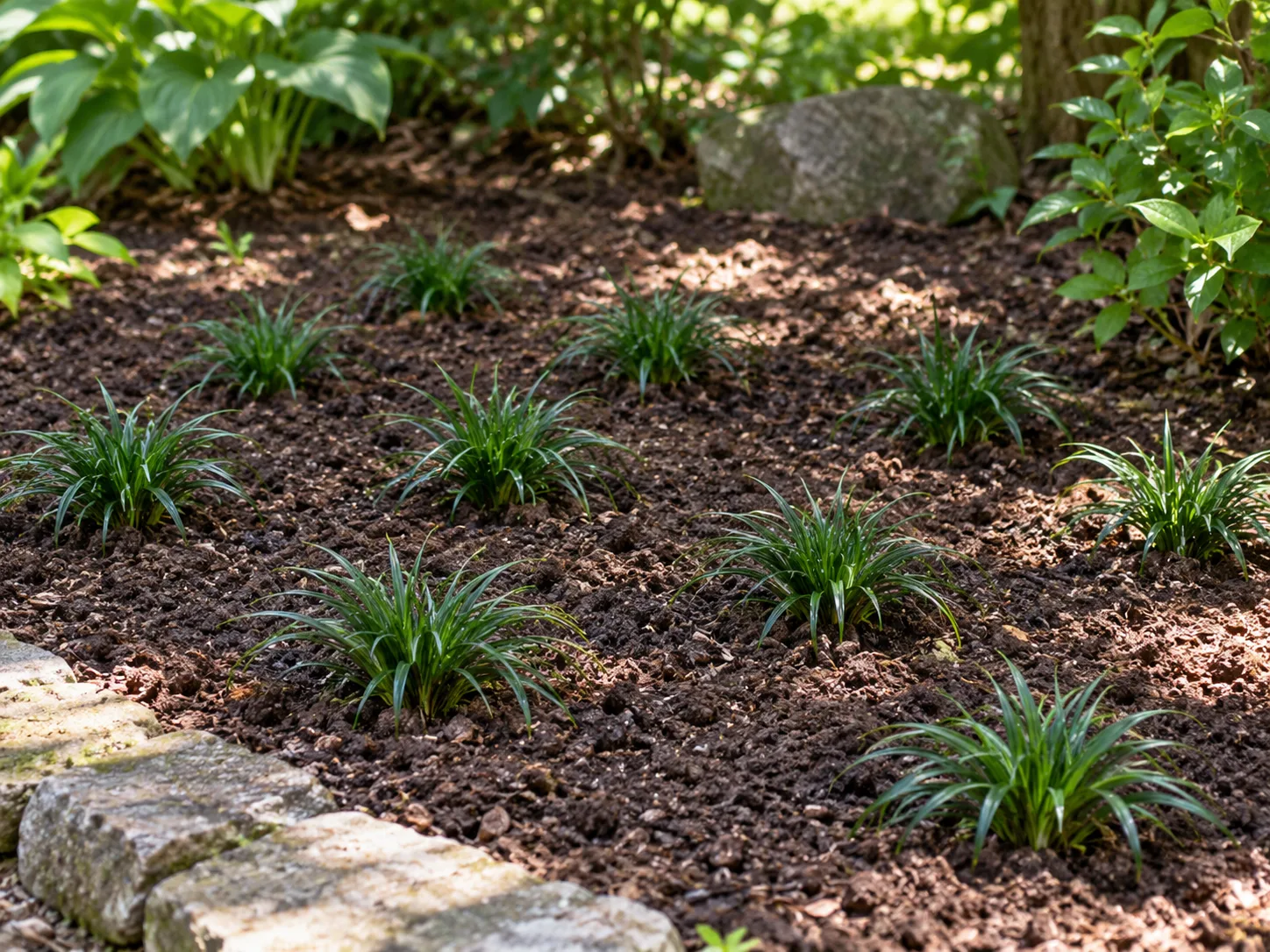 Small dwarf mondo grass divisions spaced across a prepared shaded garden bed