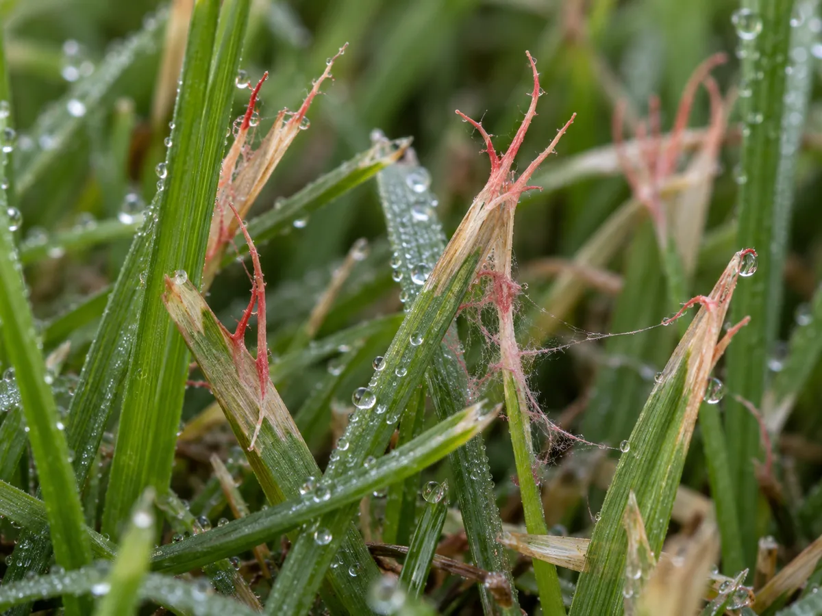 Close view of coral-red threadlike structures at the tips of lawn grass blades