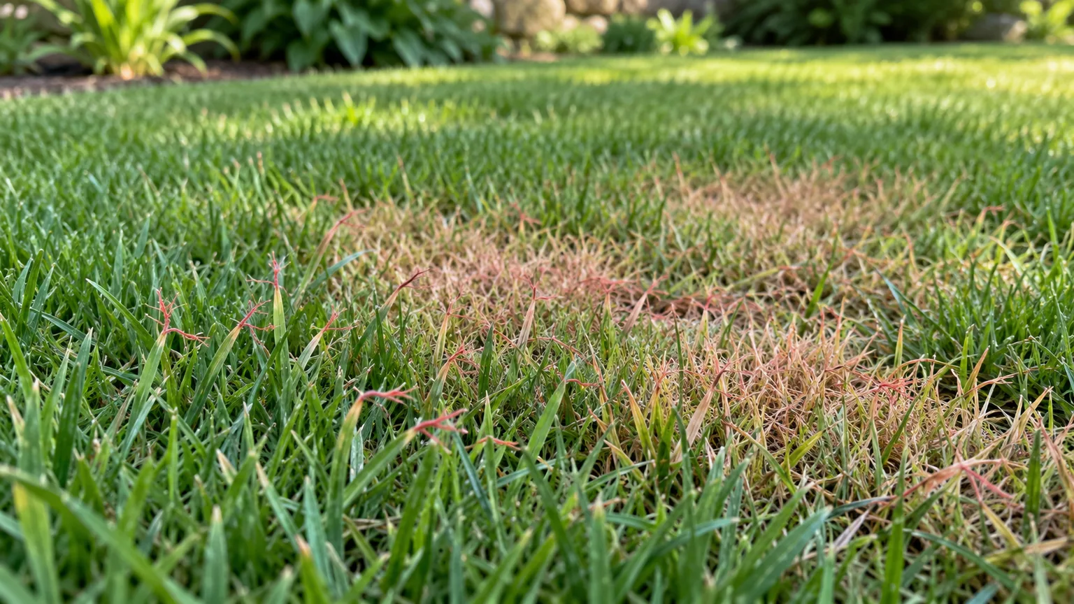 A cool-season lawn with a tan-pink red thread patch among green grass