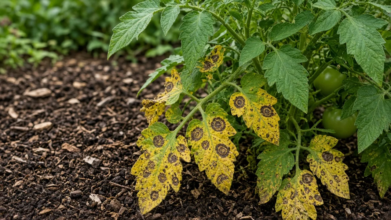 Tomato leaves showing dark concentric lesions associated with blight