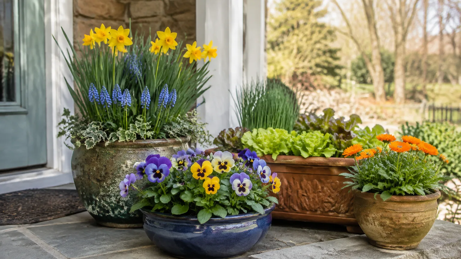 Mixed early spring planters with daffodils, pansies, leafy greens, herbs, and calendula on a porch