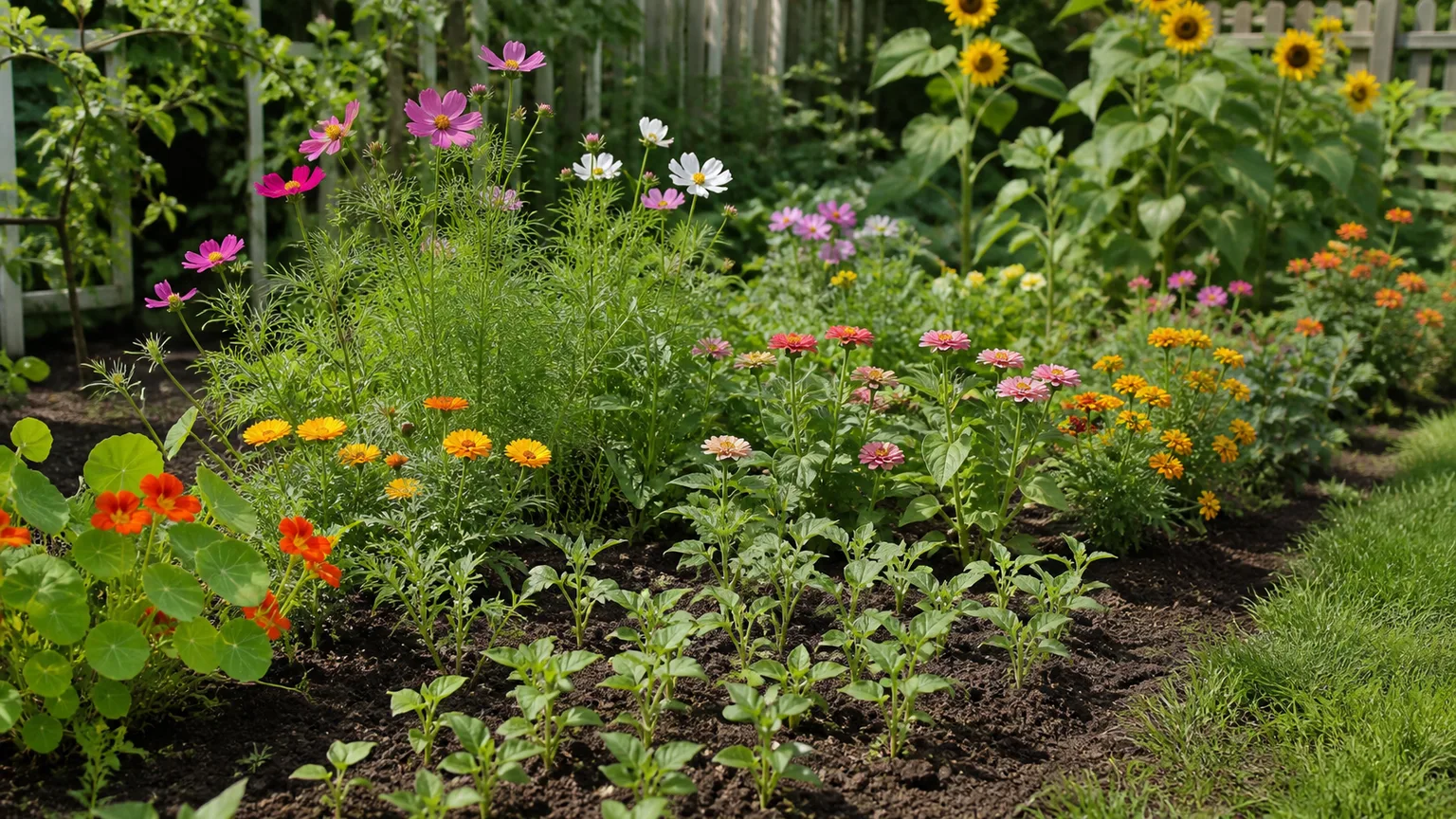 Seed-grown zinnias, cosmos, marigolds, nasturtiums, and sunflowers at different stages in a sunny garden bed